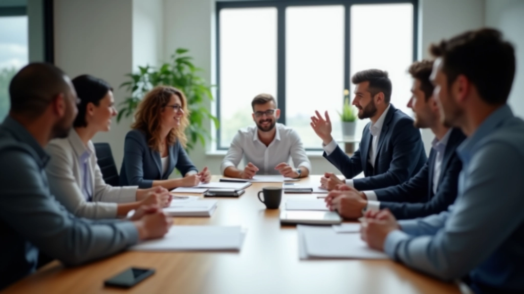 Corporate meeting room with diverse team members discussing training materials