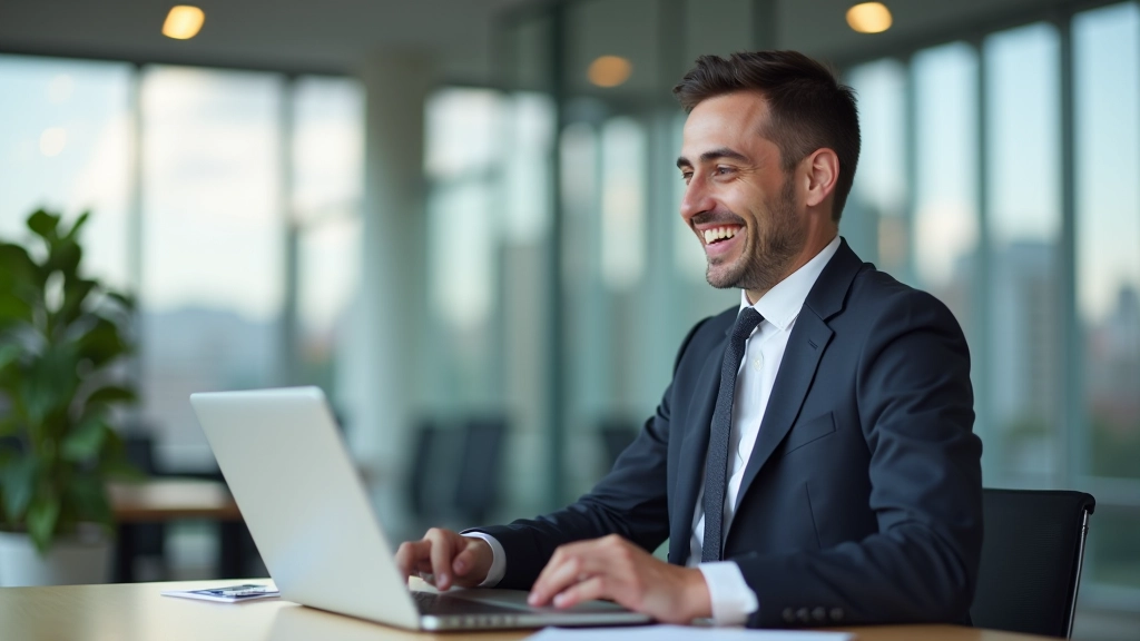 Employee successfully logging into chatbot system on laptop at workplace desk with confident expression