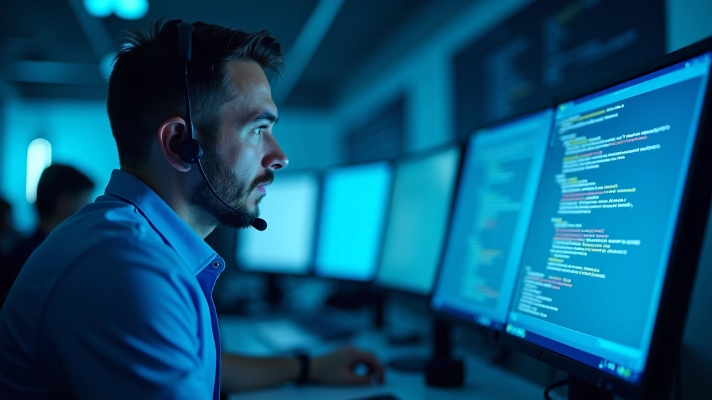 IT support person analyzing error logs on multiple computer monitors in tech support center