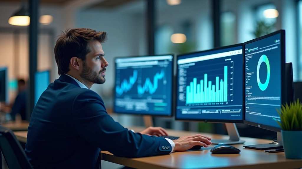 Professional analyzing performance metrics and analytics on multiple computer screens at a modern workspace desk
